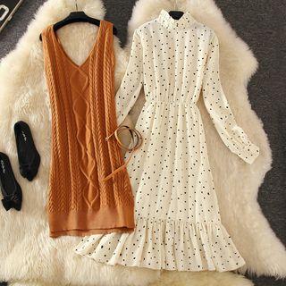 Set: Cable Knit Long Vest + Long-sleeve Dotted Midi Dress