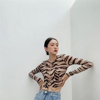 Long-sleeve Tiger Print Button T-shirt