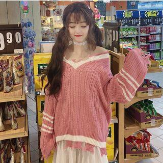 Distressed Hem Sweater Pink - One Size