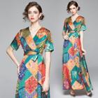 Short-sleeve Floral Printed Maxi A-line Dress