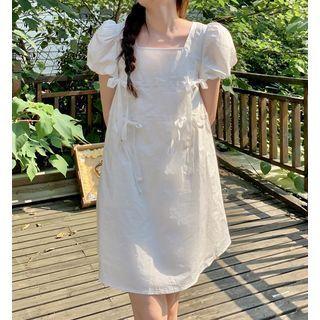 Puff-sleeve Square-neck Bow Mini Dress