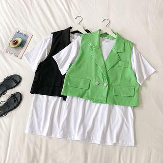 Set: Long-sleeve Plain T-shirt + Double-button Cropped Vest