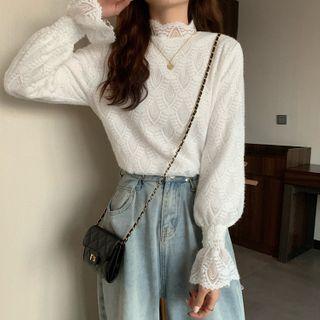 Bell-sleeve Mock-neck Lace Top / Wide-leg Jeans