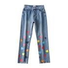 Heart Print Straight Leg Cropped Jeans