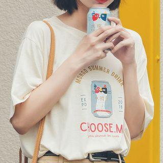Short-sleeve Print T-shirt Light Beige - One Size