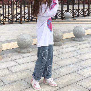 High-waist Washed Color-block Straight-cut Jeans