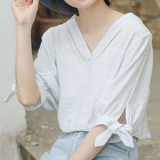 V-neck Tie-cuff Elbow-sleeve Blouse