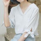 V-neck Tie-cuff Elbow-sleeve Blouse