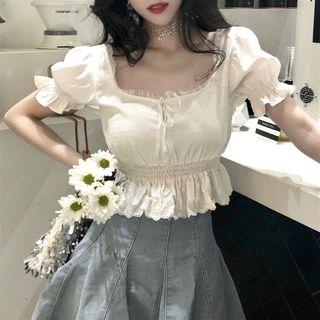 Lace Short-sleeve Slim-fit Top As Figure - One Size