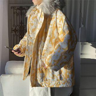 Faux Fur Trim Rabbit Print Hooded Zip Jacket