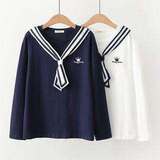 Long-sleeve Sailor Collar T-shirt Navy Blue - One Size