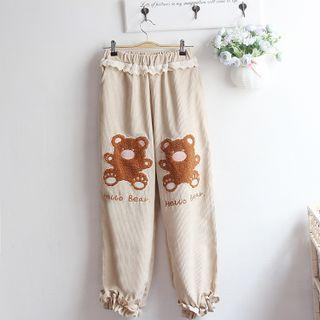 Cartoon Bear Applique Ruffle Trim Pants