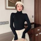 Turtle Neck Buttoned Long-sleeve Knit Top