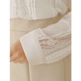 Mock-neck Pleated Lace Blouse