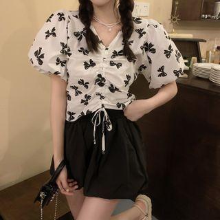 Puff-sleeve Bow Print Drawstring Top