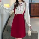 Long-sleeve Contrast Ruffle Trim Lace Up Bow Accent Knit Dress