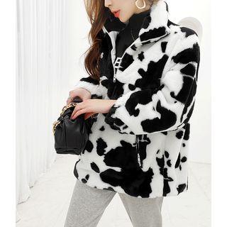 Cow Print Eco-fur Zip Jacket White - One Size
