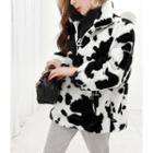 Cow Print Eco-fur Zip Jacket White - One Size