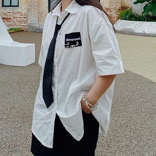 Elbow-sleeve Lettering Embroidered Shirt White - One Size