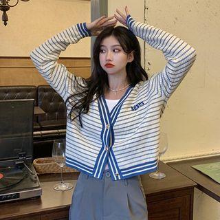 V-neck Striped Cropped Cardigan Stripes - Blue & White - One Size