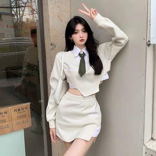 Mock Two-piece Asymmetrical Sweatshirt / Mini Pencil Skirt / Set