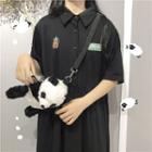 Embroidered Elbow-sleeve Polo Shirt Dress Black - One Size