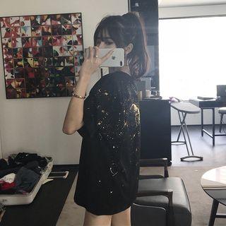 Elbow-sleeve Galaxy Print T-shirt Black - One Size