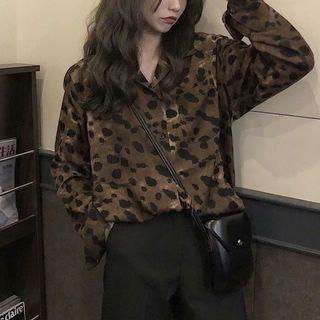 Long-sleeve Leopard Printed Shirt Coffee - One Size