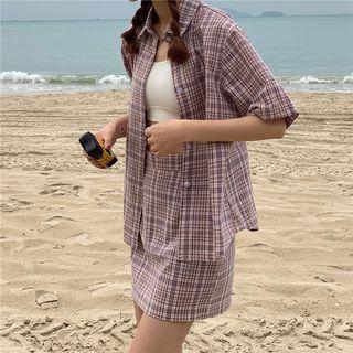 Set: Plaid Elbow-sleeve Shirt + Mini Skirt