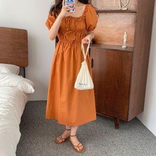 Puff Sleeve Square Neck Lace-up Midi Smock Dress