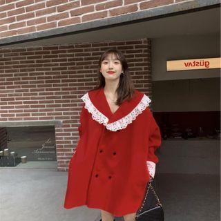 Frill Trim Double Breasted Coat Dress Red & White - One Size