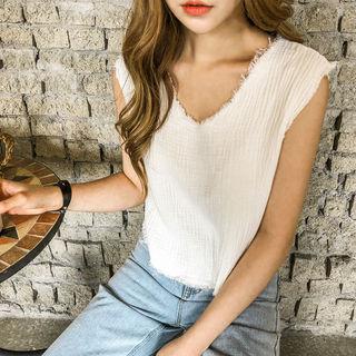 Fray-edge Sleeveless Textured Top