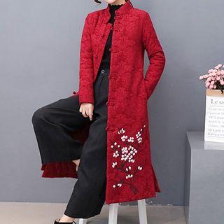 Long Floral Print Frog-button Coat