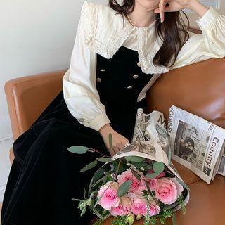 Mock Two-piece Long-sleeve Lace Collar Midi Dress Black - One Size