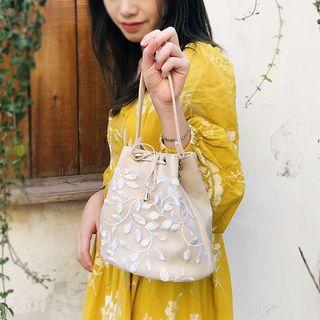 Faux Leather Embroidered Layer Drawstring Closure Bucket Bag As Shown In Figure - One Size