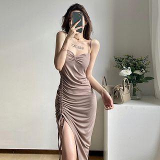Spaghetti Strap Drawstring A-line Slit Dress