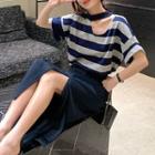 Asymmetrical Short-sleeve Striped T-shirt / Midi Slit A-line Skirt