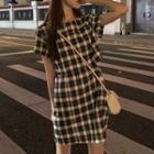 Mock Two-piece Plaid Short-sleeve Cutout A-line Dress