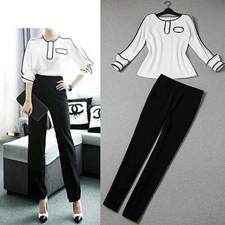 Set: Long-sleeve Chiffon Top + Straight Fit Pants