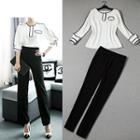 Set: Long-sleeve Chiffon Top + Straight Fit Pants
