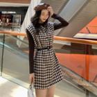 Set: Long-sleeve T-shirt + Houndstooth Mini Pinafore Dress