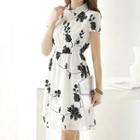 Flower Embroidered Short Sleeve A-line Dress