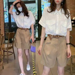 Set: Short Sleeve Plain Shirt + A-line Shorts