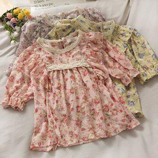 Eyelet Lace-trim Printed Chiffon Top