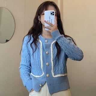 Long-sleeve Round Neck Faux Pearl Button-up Cropped Cardigan