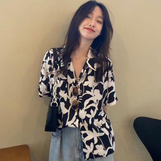 Short-sleeve Floral Print Shirt White Flower - Black - One Size