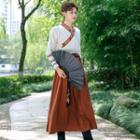 Set: Long-sleeve Hanfu Wrap Top + Midi A-line Skirt