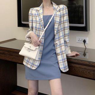 Plaid Blazer / Spaghetti Strap Mini Dress
