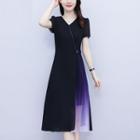 Short-sleeve V-neck Gradient Panel Midi A-line Dress