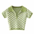 Short-sleeve Checkered Collared Knit Top Green & White - One Size